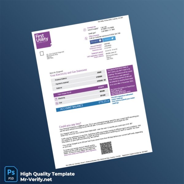 UK First Utility Editable Electricity Bill Template in Word and PDF formats