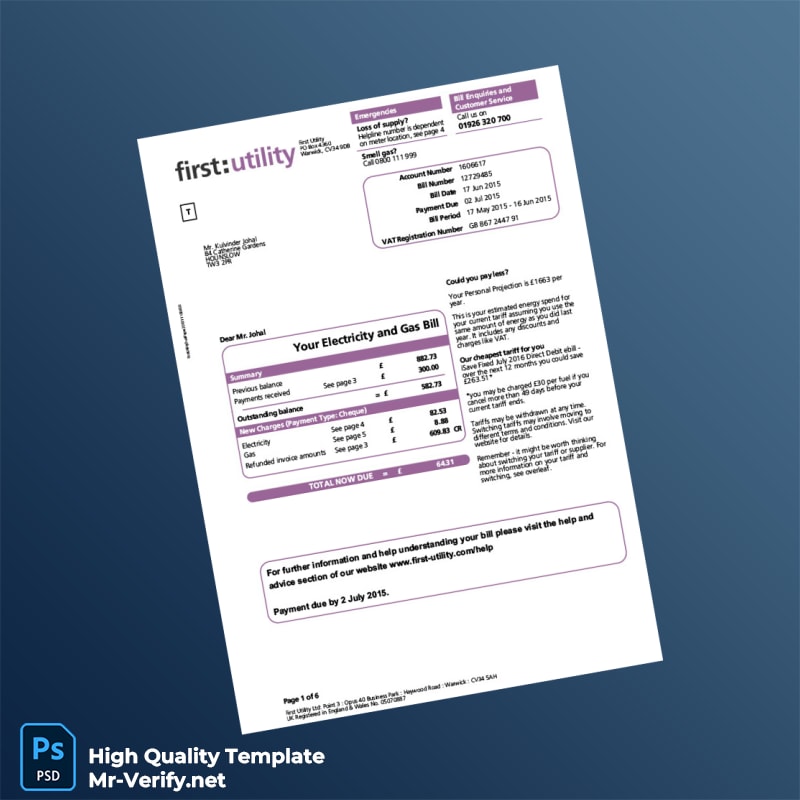 UK First Utility Editable Electricity and Gas Bill Template in Word and PDF formats 6 page UK First Utility Editable Electricity and Gas Bill Template in Word and PDF formats 6 page