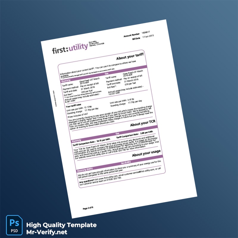 UK First Utility Editable Electricity and Gas Bill Template in Word and PDF formats 6 page UK First Utility Editable Electricity and Gas Bill Template in Word and PDF formats 6 page