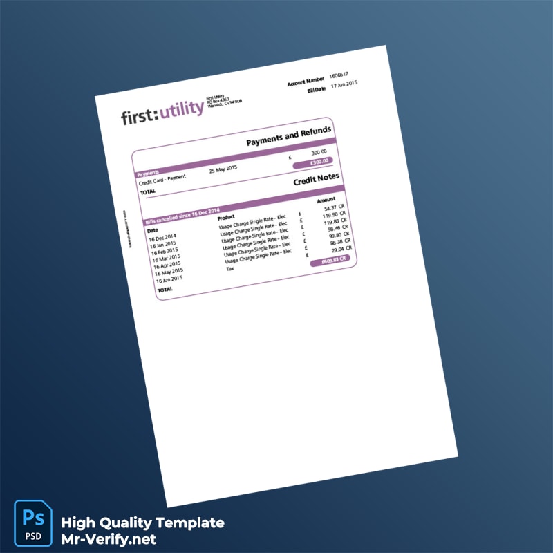 UK First Utility Editable Electricity and Gas Bill Template in Word and PDF formats 6 page UK First Utility Editable Electricity and Gas Bill Template in Word and PDF formats 6 page