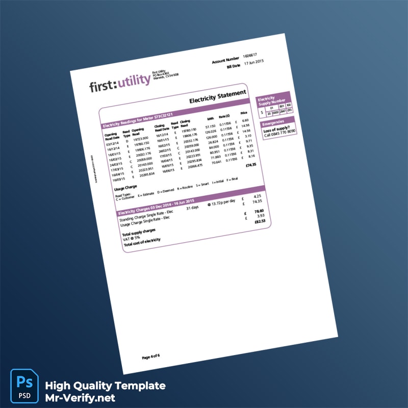 UK First Utility Editable Electricity and Gas Bill Template in Word and PDF formats 6 page UK First Utility Editable Electricity and Gas Bill Template in Word and PDF formats 6 page