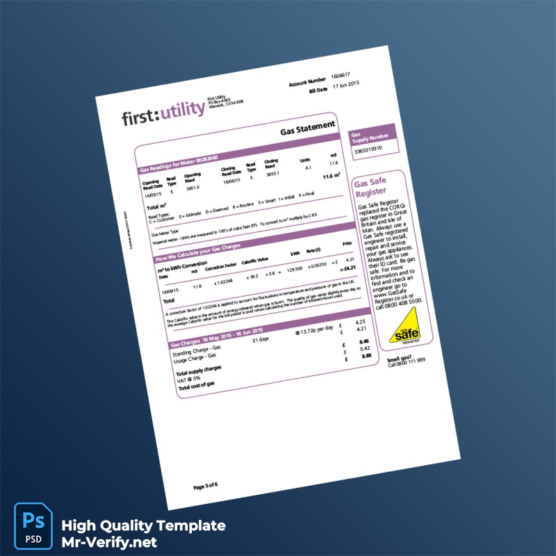UK First Utility Editable Electricity and Gas Bill Template in Word and PDF formats 6 page UK First Utility Editable Electricity and Gas Bill Template in Word and PDF formats 6 page