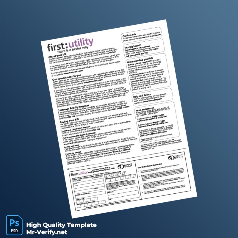 UK First Utility Editable Electricity and Gas Bill Template in Word and PDF formats 6 page UK First Utility Editable Electricity and Gas Bill Template in Word and PDF formats 6 page