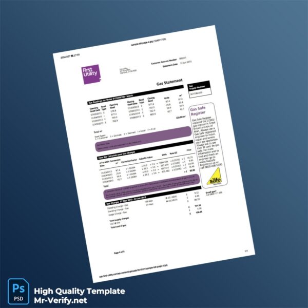UK First Utility Editable Gas Bill Template in Word and PDF formats