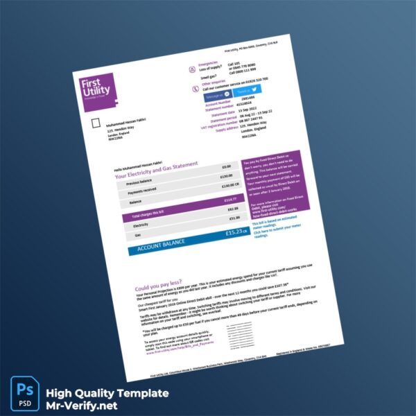 UK First Utility Editable Utility Bill Template in Word and PDF formats 6 page
