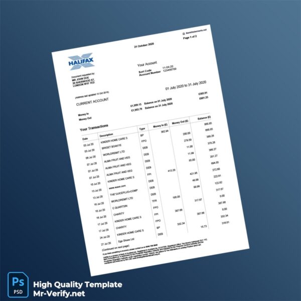 UK Halifax Bank Statement Template in Word and PDF formats 2 page