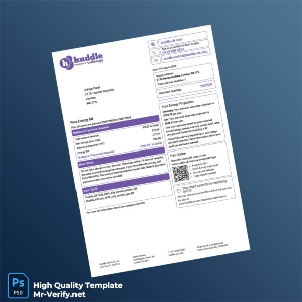 UK Huddle Energy Editable Utility Bill Template in Word and PDF formats 4 page