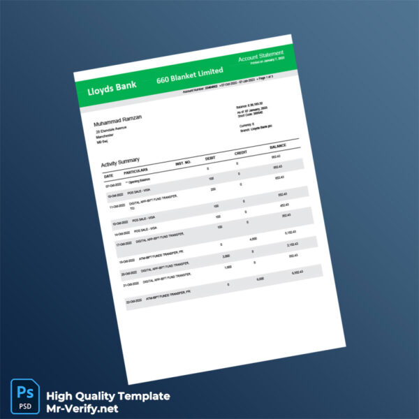UK Lloyds Bank Bank Statement Template in Word and PDF formats 3 page