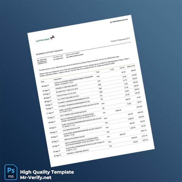 UK Lloyds Bank Business Account Statement Template in Word and PDF formats 2 page