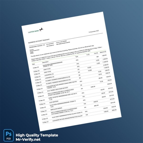 UK Lloyds Bank Business Bank Statement Template in Word and PDF formats 2 page