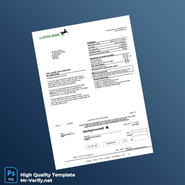 UK Lloyds Bank Statement Template in Word and PDF formats 4 page