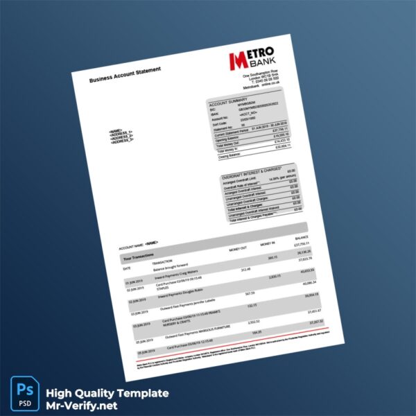 UK Metro Bank Statement Template in Word and PDF formats 2 page UK Metro Bank Statement Template in Word and PDF formats 2 page