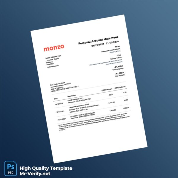UK Monzo Personal Account Statement Template in Word and PDF formats 4 page UK Monzo Personal Account Statement Template in Word and PDF formats 4 page
