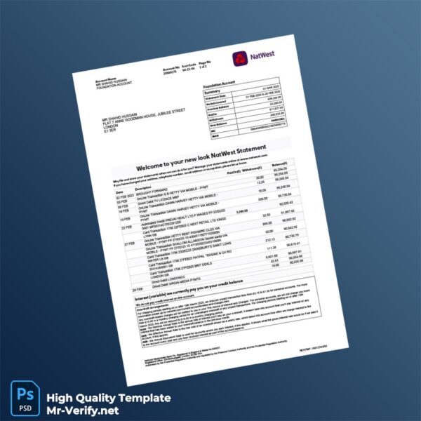 UK NatWest Bank Statement Template in Word and PDF formats 2 page