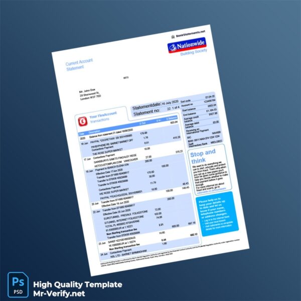 UK Nationwide Bank Statement Template in Word and PDF formats 5 page