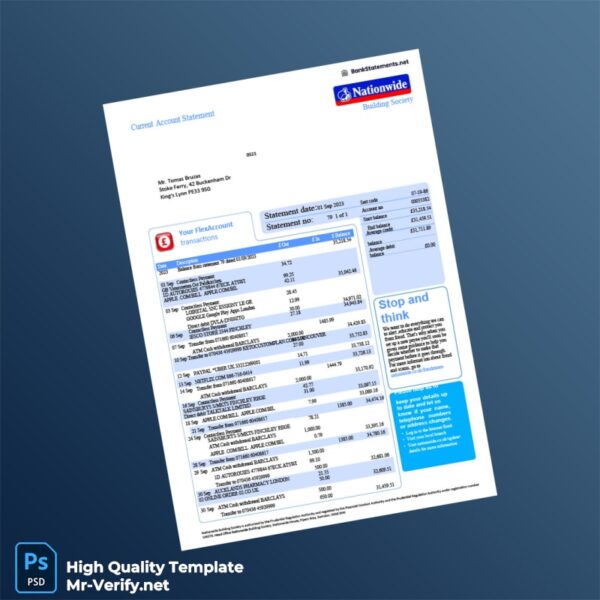 UK Nationwide Building Society Bank Statement Template in Word and PDF formats 2 page