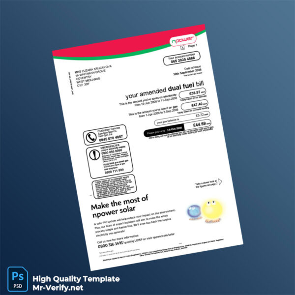 UK Npower Editable Dual Fuel Bill Template in Word and PDF formats 3 page