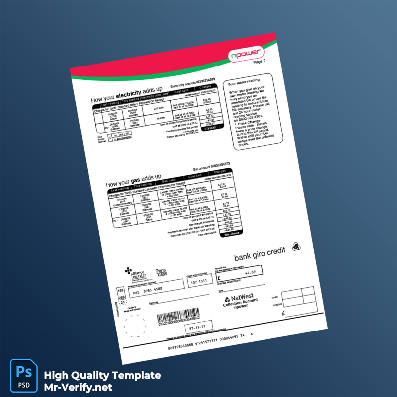 UK Npower Editable Dual Fuel Bill Template in Word and PDF formats 3 page UK Npower Editable Dual Fuel Bill Template in Word and PDF formats 3 page