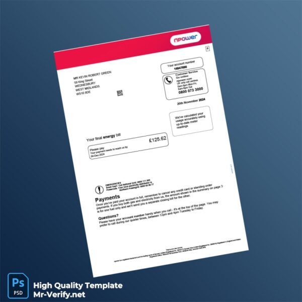 UK Npower Editable Energy Bill Template in Word and PDF formats 5 page