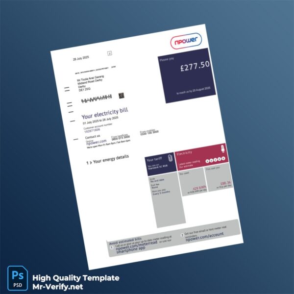 UK Npower Editable Utility Bill Template in Word and PDF formats