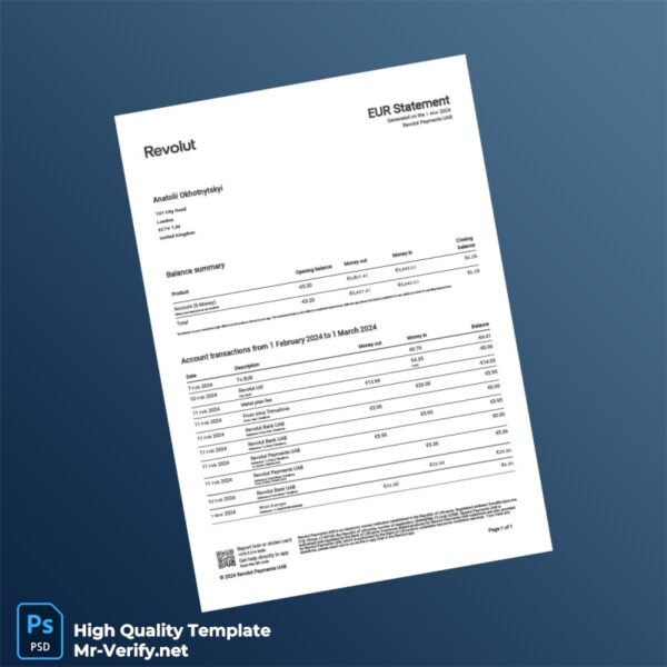 UK Revolut Payments Bank Statement Template in Word and PDF formats