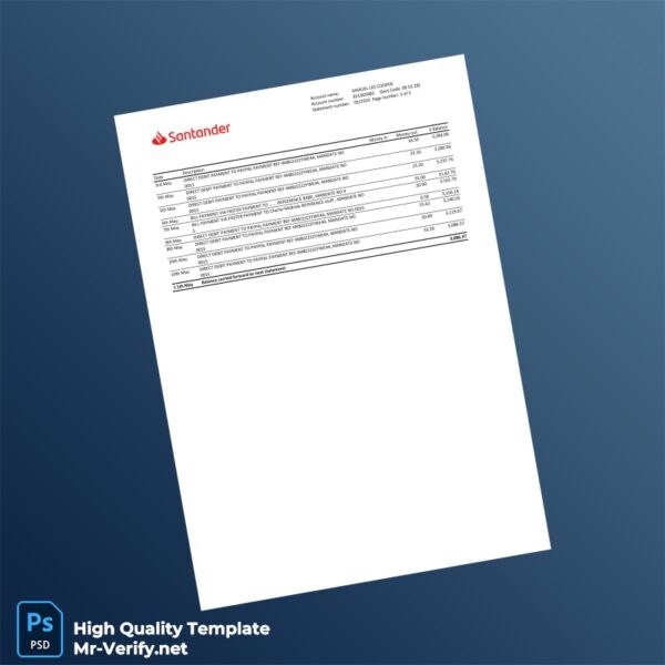 UK Santander Bank Statement Template in Word and PDF formats 3 page
