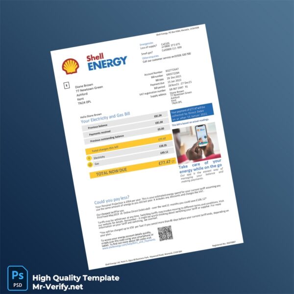 UK Shell Energy Editable Electricity and Gas Bill Template in Word and PDF formats