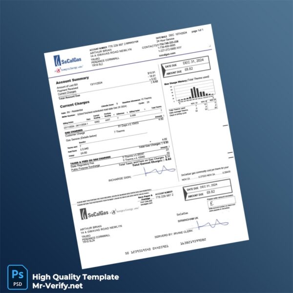 UK SoCalGas Editable Gas Bill Template in Word and PDF formats
