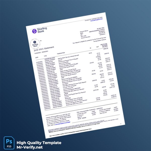 UK Starling Bank Statement Template in Word and PDF formats 2 page