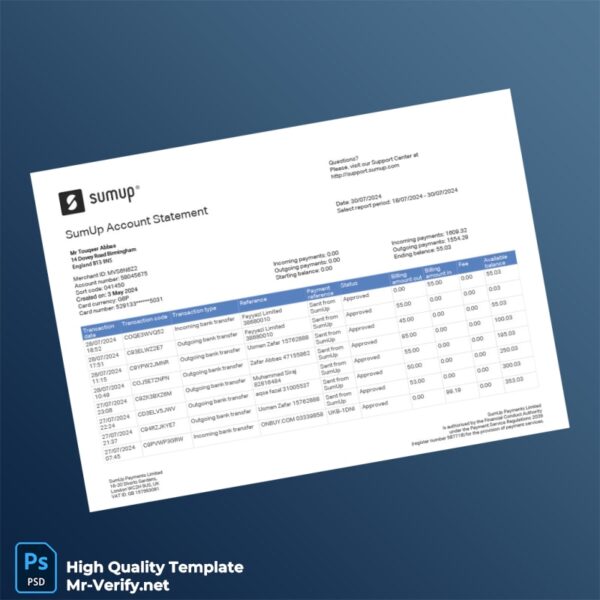 UK SumUp Payments Limited Bank Statement Template in Word and PDF formats 2 page UK SumUp Payments Limited Bank Statement Template in Word and PDF formats 2 page