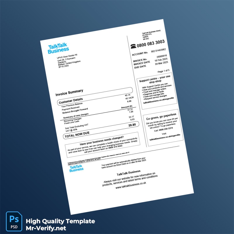 UK TalkTalk Business Editable Utility Bill Template in Word and PDF formats UK TalkTalk Business Editable Utility Bill Template in Word and PDF formats