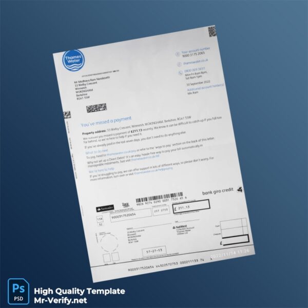 UK Thames Water Editable Utility Bill Template in Word and PDF formats