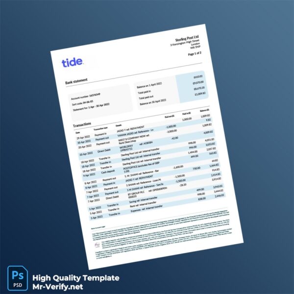 UK Tide Bank Statement Template in Word and PDF formats 2 page UK Tide Bank Statement Template in Word and PDF formats 2 page