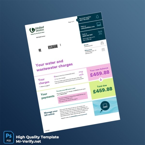 UK United Utilities Editable Water Bill Template in Word and PDF formats 4 page