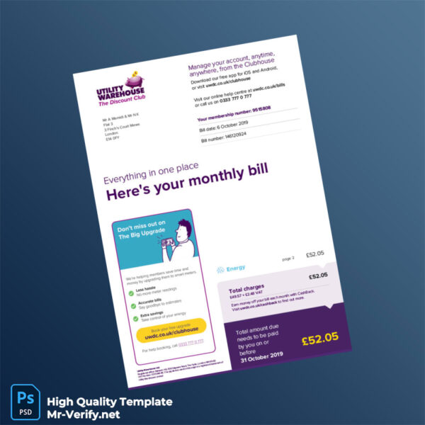 UK Utility Warehouse Editable Electricity Bill Template in Word and PDF formats 6 page