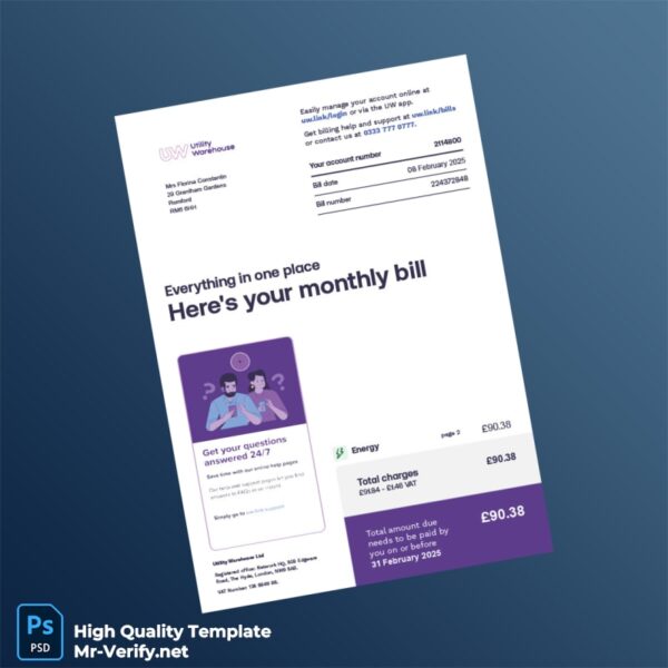 UK Utility Warehouse Editable Utility Bill Template in Word and PDF formats 5 page