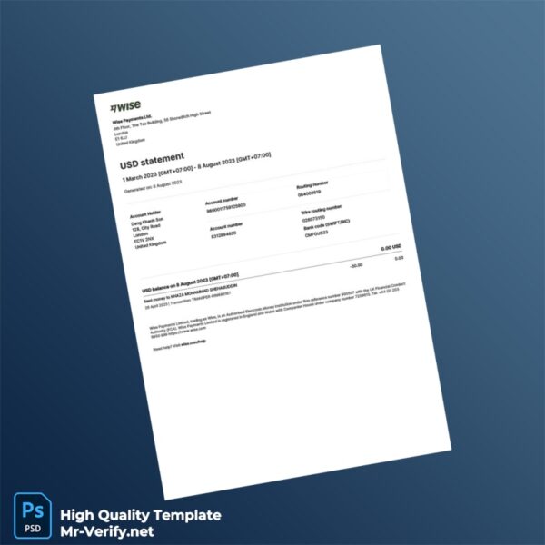 UK Wise Payments USD Statement Template in Word and PDF formats