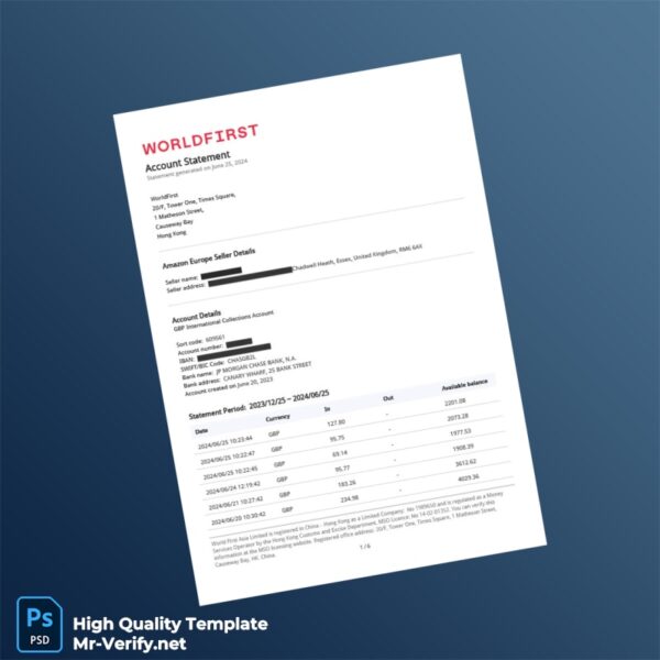 UK WorldFirst Account Statement Template in Word and PDF formats 6 page