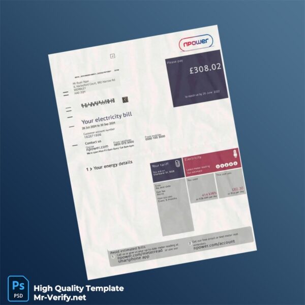 UK npower Editable Electricity Bill Template in Word and PDF formats
