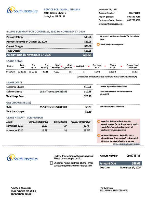 US South Jersey Gas Editable Utility Bill Template in Word and PDF formats