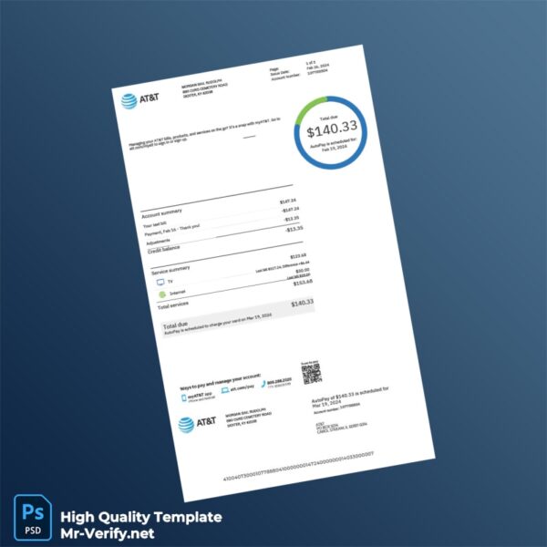 US AT T Editable Utility Bill Template in Word and PDF formats 3 page