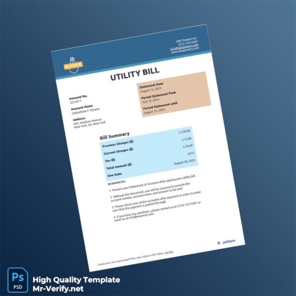 US Editable Utility Bill Template in Word and PDF formats