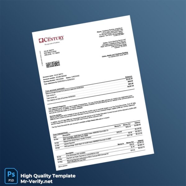 US FIRST Century Bank Statement Template in Word and PDF formats 2 page