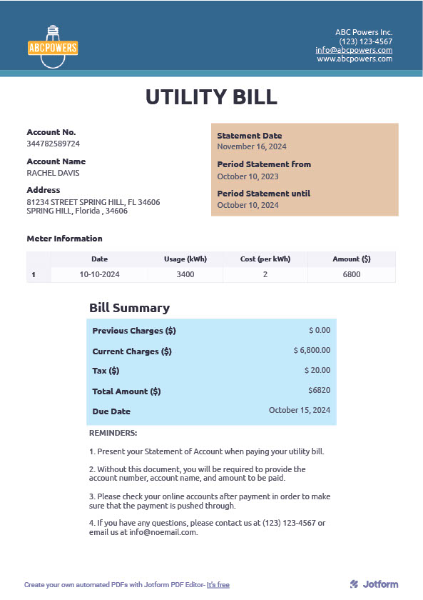 USA ABC Power Editable Utility Bill Template in Word and PDF formats