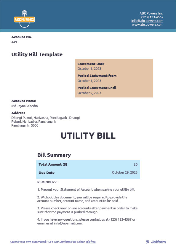 USA ABC Powers Inc Editable Utility Bill Template in Word and PDF formats