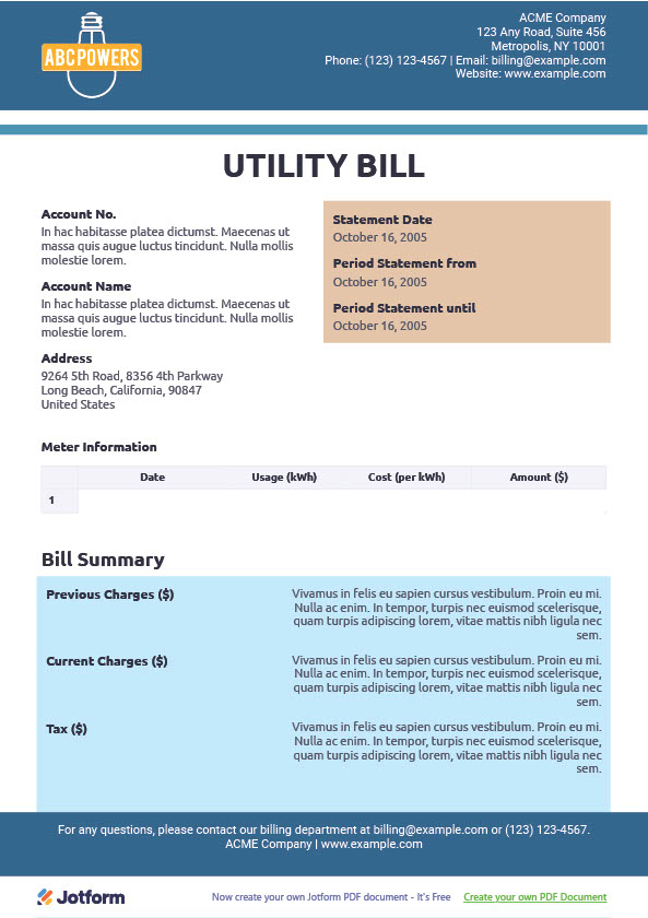 USA ACME Company Editable Utility Bill Template in Word and PDF formats 3 page