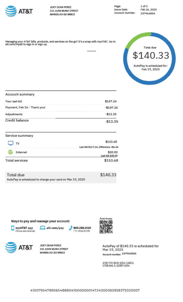 USA AT T Editable Utility Bill Template in Word and PDF formats 3 page