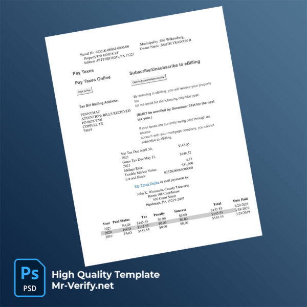 USA Allegheny County Editable Property Tax Bill Template in Word and PDF formats