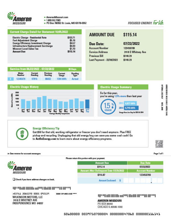 USA Ameren Missouri Editable Electricity Bill Template in Word and PDF formats 2 page