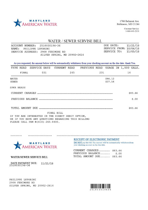 USA American Water Editable Water Bill Template in Word and PDF formats